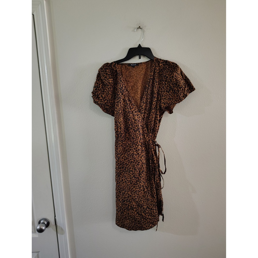 Madewell Womens Leopard Print Wrap Dress Brown Black‎ Short Sleeve Mini Large